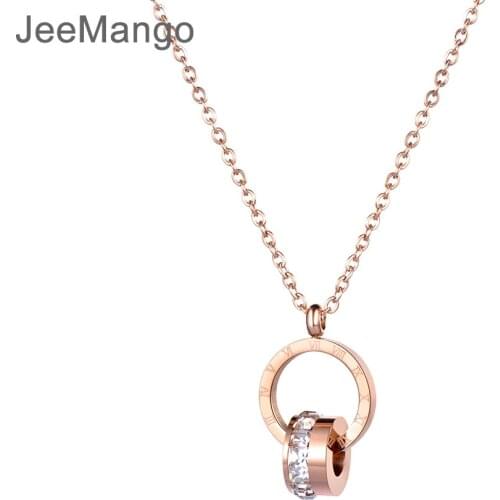 JeeMango Brand Love Two Circle Double Buckle Roman Numeral CZ Pendant Necklace Female Stainless Steel Rose Gold Color JN18240