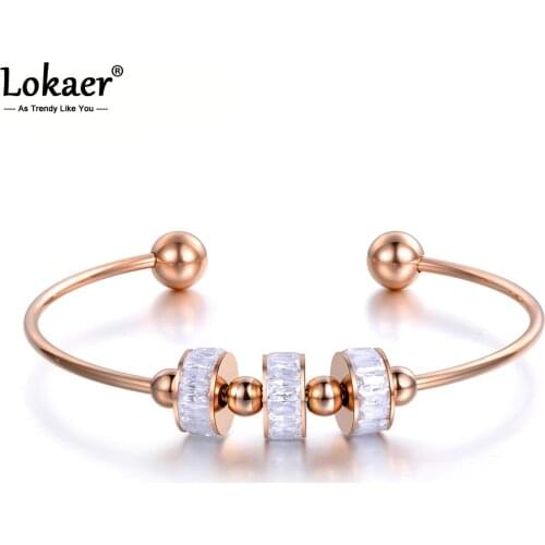 Lokaer Romantic Stainless Steel Black & White Cubic Zirconia Cuff Bangles Bracelets Lovers Jewelry For Women Gift B18191