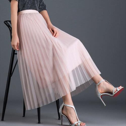 Fashion New Summer Ladies Free Size Elastic High Waist A-Line Mesh Pleated Long Skirt Elegant Women‘s Pettiskirt Dance Gown