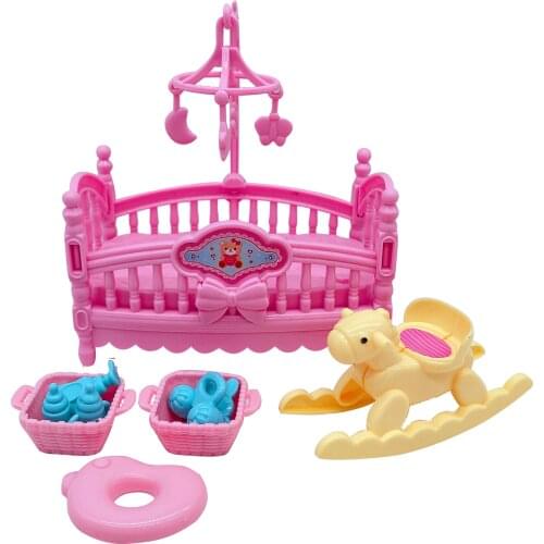 2020 fashion 1pc pink fashion princess doll accessories doll plastic children girls gift miniature crib bed and wooden horse Gir