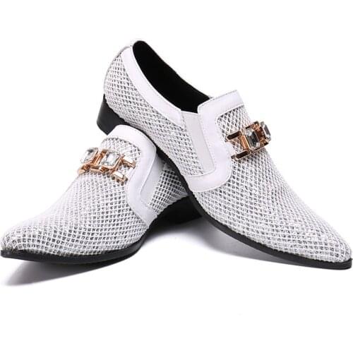 Deification White Lattice Mens Genuine Leather Shoes Fashion Casual Office Mens Flats Luxury Shiny Crystal Party Wedding Shoes