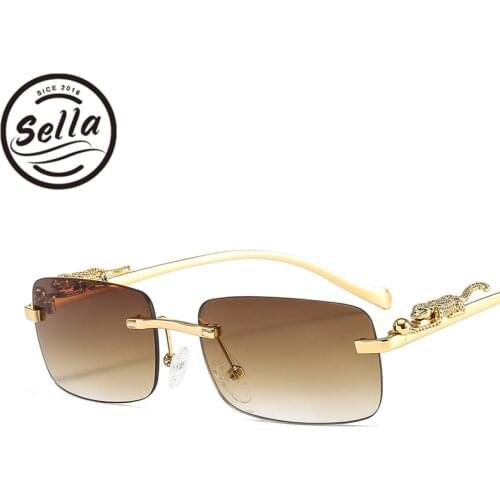 Sella 2021 New Arrival Fashion Men Women Classic Square Sunglasses Retro Rimless Tint Lens Leopard Decoration Glasses Eyewear