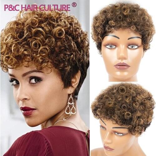 Short Pixie Cut Wig Blend Human Hair Wigs With Bangs For Black Women Ombre Curly Wave Machine Made Wigs Glueless High Quality