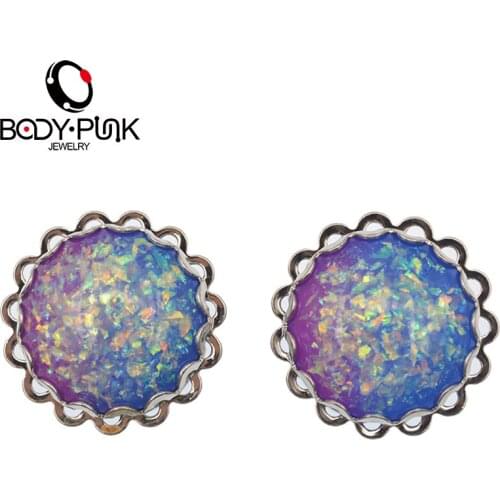 BODY PUNK Ear Plugs Stainless Steel Blue Purple Mix Opal Ear Expander Flesh Tunnel Piercing Sale Popular Body Piercing PLG 094