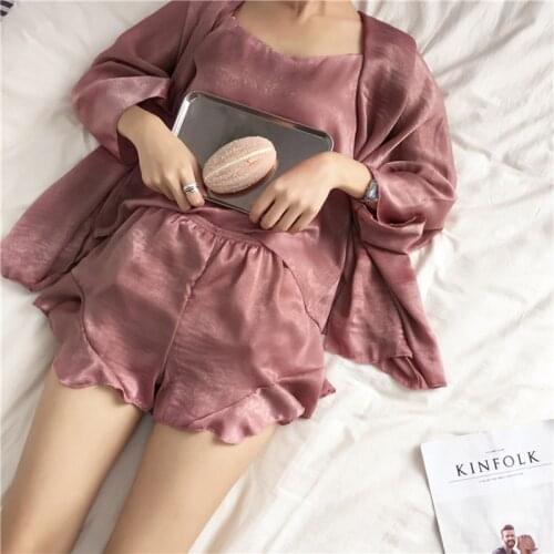 3PCS Sleepwear Female Pajamas Set Satin Pyjamamas Sexy Lace Patchwork Bridal Wedding Nightwear Rayon Home Wear Nighty&Robe Suit