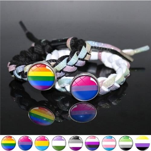 LGBT Handmade Braided Rope Bracelet Wholesale Gay Pride Rainbow Flag Photo Glass Snap Button Bracelets for Women Men Lovers Gift