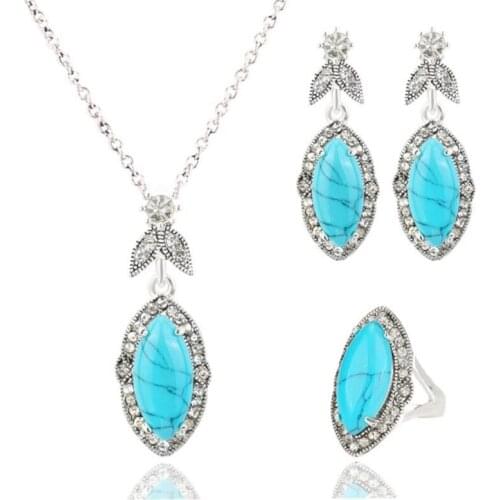 Silver Plated Marquise Shape Green Turquoises Stone Pendant Necklace Earrings Finger Ring Charm Jewelry Sets
