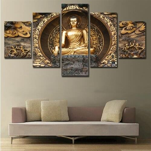 5 Pieces of Asian Retro Abstract Art Gold Abstract Buddha Statue Painting Living Room Poster Wall Living Room Home Decoration HD