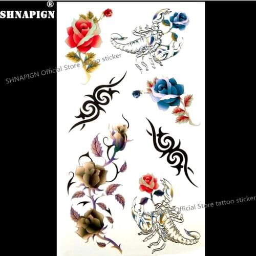 SHNAPIGN Scorpion Flower Temporary Tattoo Body Art Arm Flash Tattoo Stickers 17*10cm Waterproof Fake Henna Painless Sticker