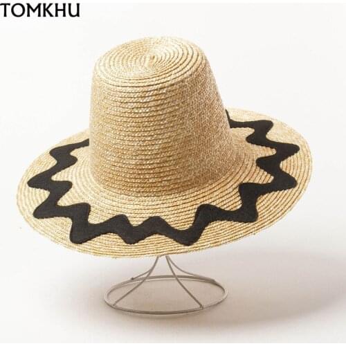European American Summer Retro Custom High Top Flat Straw Hat Wave Shape Patch Wide Brim Fedora Hats For Women Anti-UV Quality