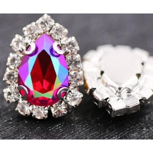 Glass rhinestones teardrop shape sew on Sliver base crystal button Red fluorescence crystals rhinestones nail art accessories