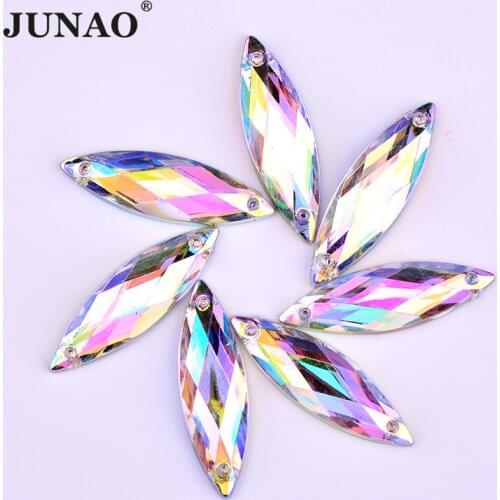 JUNAO 7x21mm 8x26mm Sewing Horse Eye Crystal AB Rhinestones Sewn Acrylic Strass Glitter Flatback Stones For Needlework