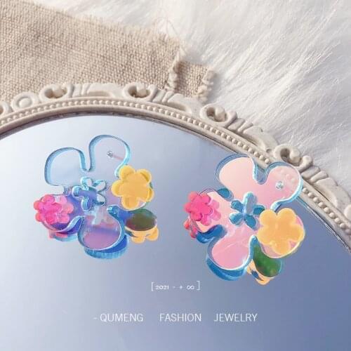 Japanese Dream Girl Hand Painted Flower Acrylic Earrings Colorful Daisy Dazzling Transparent Glitter Jewelry