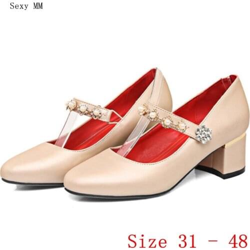 Women Square Low High Heels Ankle Strap Office High Heel Shoes Woman Pumps Oxford Shoe Small Plus Size 31 - 48