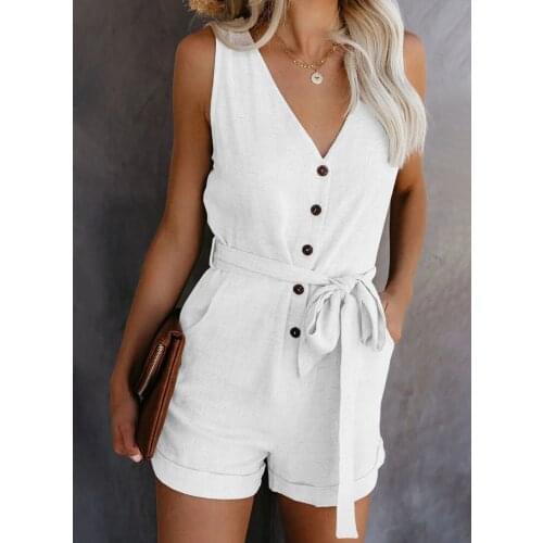 Solid Color Belt Casual Fashion Summer Womens Large Size Jumpsuit Sleeveless V-neck Single Breasted Slim Rompers