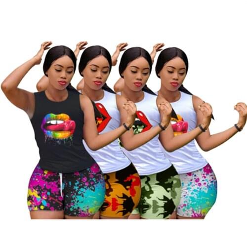 RStylish 2021 Summer New Style Sleeveless Pullover Print Lips Pattern Vest Sports Shorts Women 2 Piece Sets