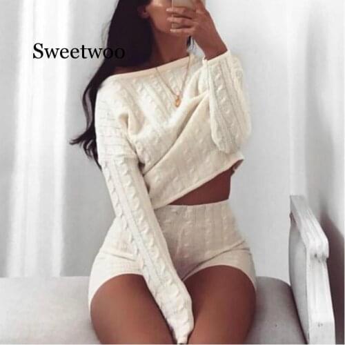 2020 Women Two Piece Set Knitted Long Sleeve Crop Tops And Bodycon Shorts Suit Sexy 2 Piece Set Women Outfits