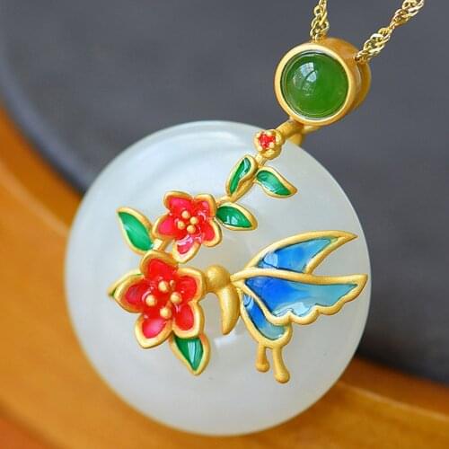 Vintage Fashion Flower Enamel Green White Jade Gemstones Pendant Necklaces for Women Gold Color Choker Chain Jewelry Bijoux Gift
