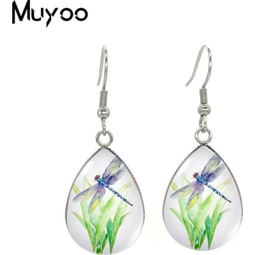 2020 New Dragonfly Earring Tear drop Earring Earrings Glass Dome Photo Jewelry Colorful Dragonfly Earrings