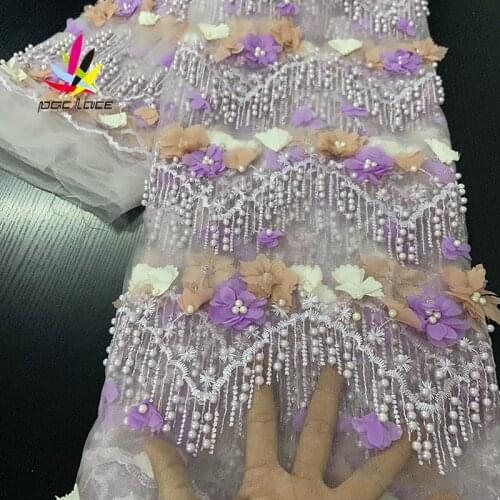 3D Flower Lace Fabric with Beads Embroidery Brown Color Elegant French Nigerian Latest Design Style High Quality New Style