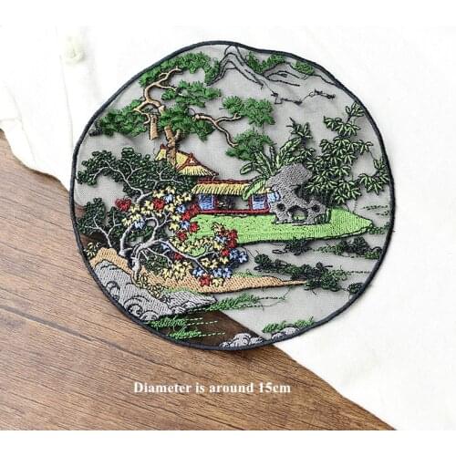 1 Piece Big Chinese landscape painting embroidery round cloth stickers black mesh bottom sew on Patch applied embroiedry