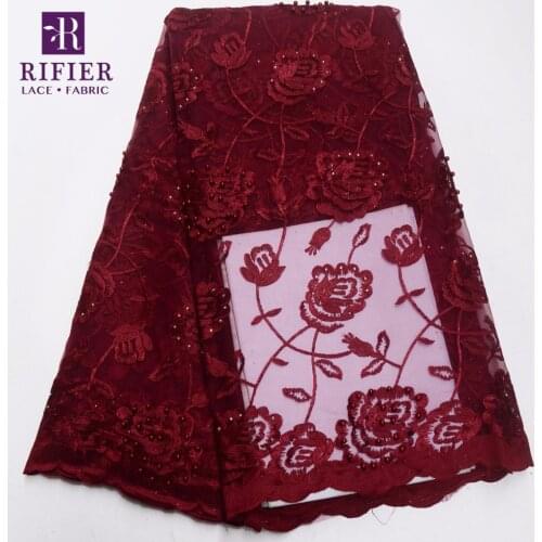 Burgundy Color Net Lace For Christmas Party Dress Sewing Beads And Stones Lace Style New Nigerian Embroidery Guipure Mesh Fabric