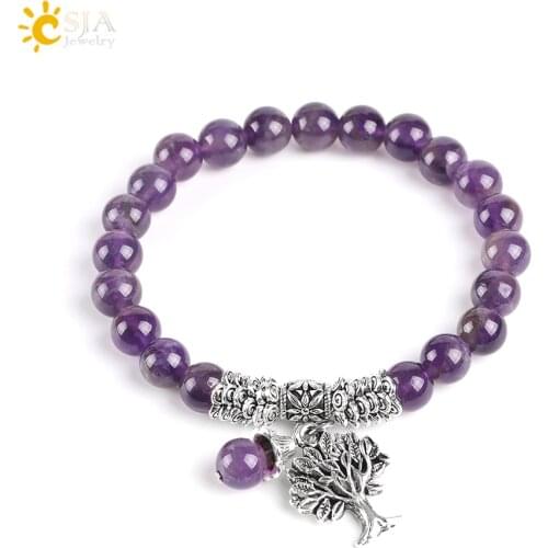 CSJA Natural Gem Stone Purple Crystal Bracelets Bangle Tree of Life Tibetan Prayer Rosary Mala Bead Bracelet for Meditation E746