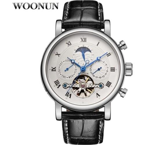 Fashion Watches Men Tourbillon Watches Leather Band Automatic Mechanical Wristwatches Moon Phase Reloj Hombre Relogio Masculino