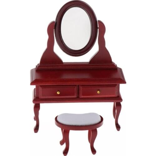 1/12 Wood Dresser with Mirror & Drawers & Stool Set Furniture Model for Dollhouse Bedroom Decor, Retro Style