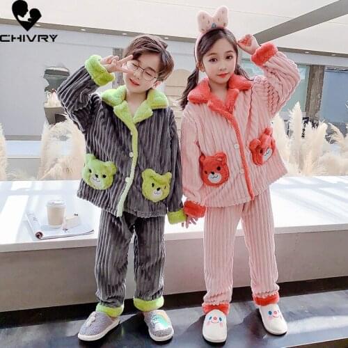 Kids Flannel Pajama Sets Boys Girls Autumn Winter Thicken Warm Cute Home Wear Children Lapel Long Sleeve Sleeping Clothing Sets