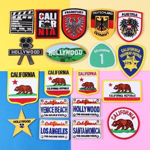 Hollywood letter CALIFORNIA Brown bear Patches Iron On Eagle Flag, Flag of Austria, Embroidery For Jeans Clothing accessories