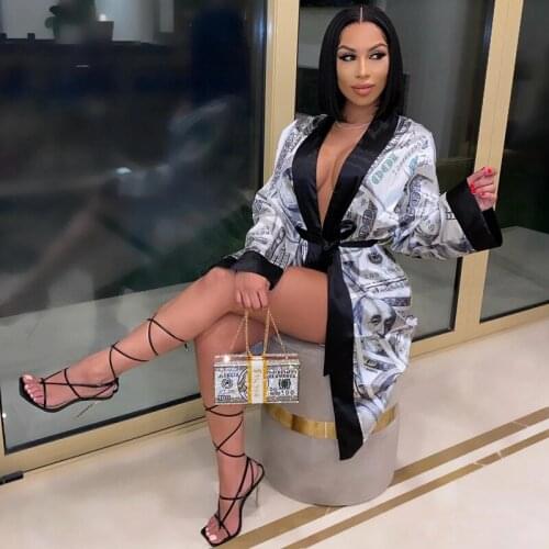 Hot Selling New Fashion Women Ladies Satin Silk Robes Trendy Dollar Print Long Sleeve Silky Kimono Bathrobe Sleepwear with Belt