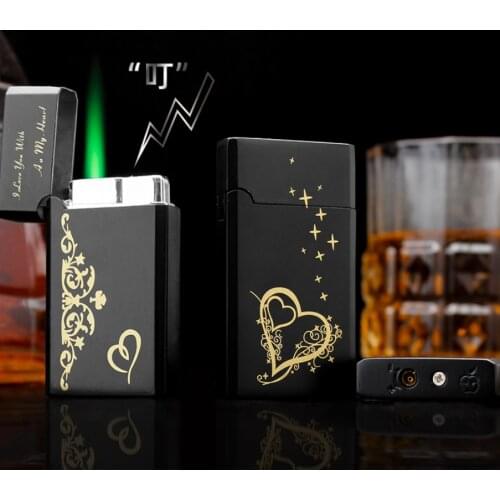 Cool Personality love heart classic black Butane inflatable gas Cigarette lighter jet Turbo torch green flame igniter (No fuel)