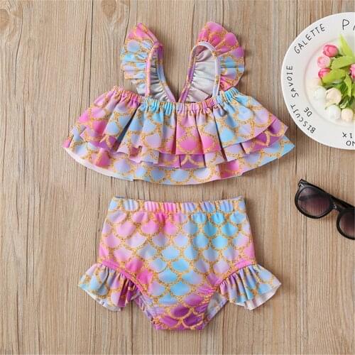Summer Baby Girls Mermaid Swimsuit Sets Fish Scales Cascading ruffles Bathing Suit Bikini Sunsuit Costume Clothes Swimwear