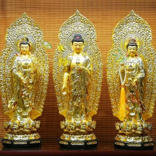 A set 3PCS HOME shrine protection Buddhism XI FANG SANSHENG Standing Guan yin Amitabha Mahasthamaprapta Buddha statue Large 38CM