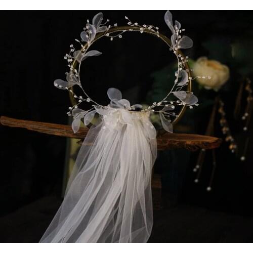New Long Wedding Headdress with Veil Bridal Pearls Hair Accessories Voile Mariage Hair Wedding Jewelry