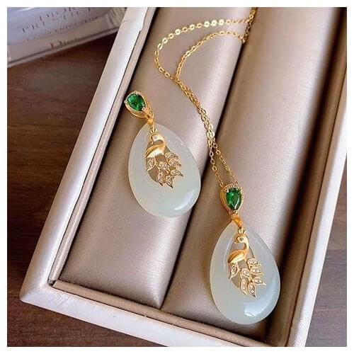 Natural Hetian white jade peacock drop-shaped pendant necklace in retro unique ancient gold charm female silver jewelry