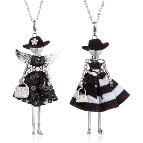HOCOLE Fashion Black Hat Girl Doll Necklaces Crystal Wing Sequins Stripe Dress Alloy Pendant Necklace Women Accessories Jewelry