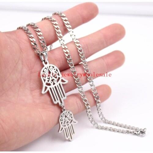 24'' 4mm Stainless steel Double Open Hamsa Hand Charms Pendant Mens Fashion religious Necklace