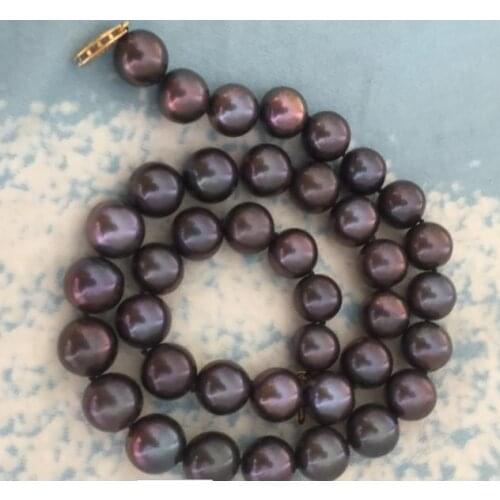 Stunning round 11-12mm black red pearl necklace 18inch 14k