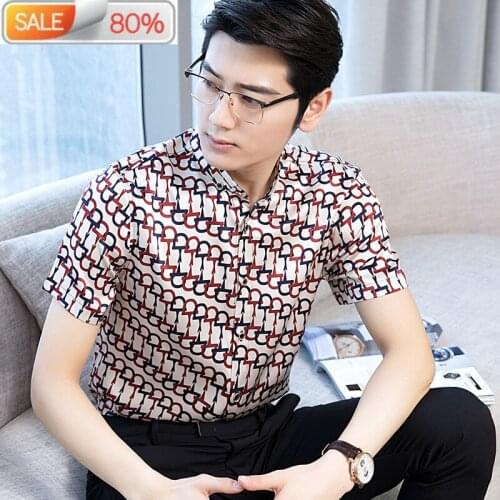 Real Silk Summer Men Short Sleeve Printed Shirt Social Mens Shirts Casual Slim Fit 2020 Camisas Hombre 4320 B21944