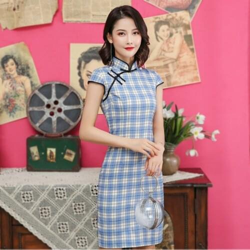 Sheng Coco Blue Plaid Cotton Cheongsam Dress 2020 Woman Literature Chinese Style Modern Lattice Slim Qipao