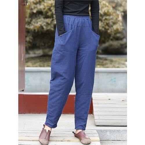 Johnature Autumn Winter Leisure Elastic Waist Harem Pants 2021 New Cotton Linen Comfortable All-match Women Full Length Pants