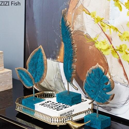 Resin Ornaments Blue Palm Leaves Statue Desk Decor Marble Texture Base Statuette Nordic Home Decoration Accessories Modern