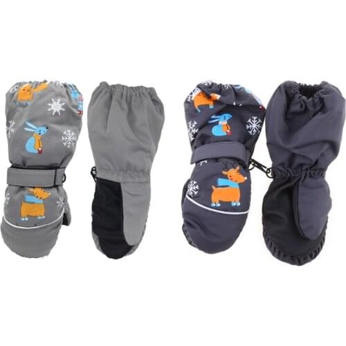 W3JF Winter New Children Print Cartoon Deer Rabbit Thickening Ski Gloves Kids Windproof Waterproof Non-slip Long-sleeved Mittens