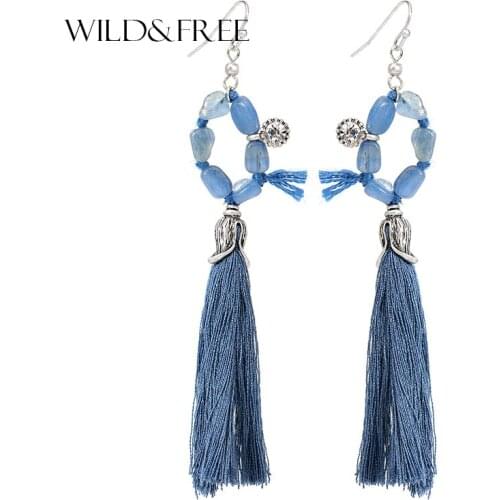 Wild&Free Long Earrings Wedding Blue Brown Tassel Dangle Earrings Female Bohemia Jewelry Women Bead Round Pendants Earring Gifts