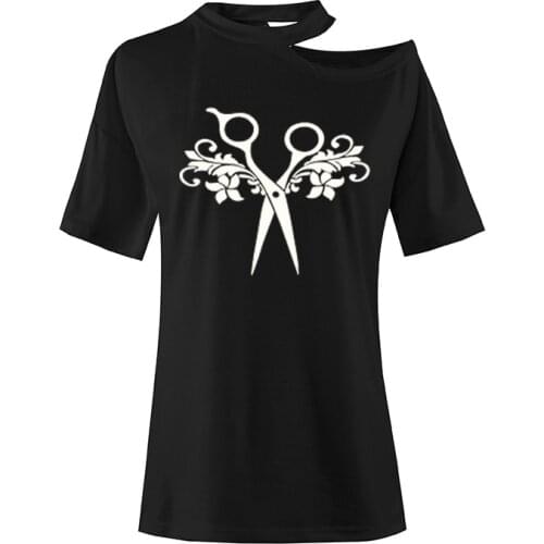 Scissor Hairdresser Salon Fashion Print Women T-Shirts Summer Harajuku T Shirt Short Sleeve Irregular Sexy Off Shoulder Tees Top