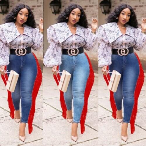 FNOCE 2021 new womens jeans pants large size fashion trends sexy elegatn solid high waist tight elasticity tassel pencil pants