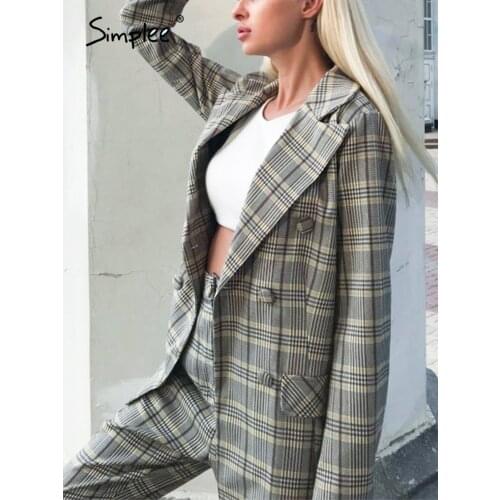 Simplee Plaid double breasted ladies blazer Long sleeve casual office ladies blazer coat Button streetwear women blazers jacket
