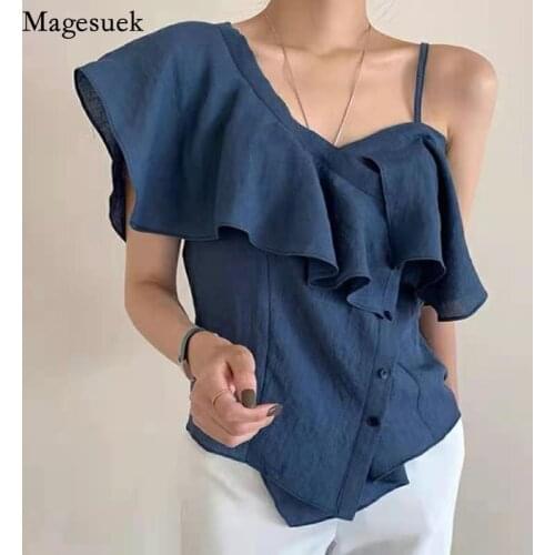 2021 Korean Womens Tops Chic Sexy Off-shoulder Sling Shirt Elegant Ruffles Stitching Slim Single-breasted Asymmetry Blouse 14814